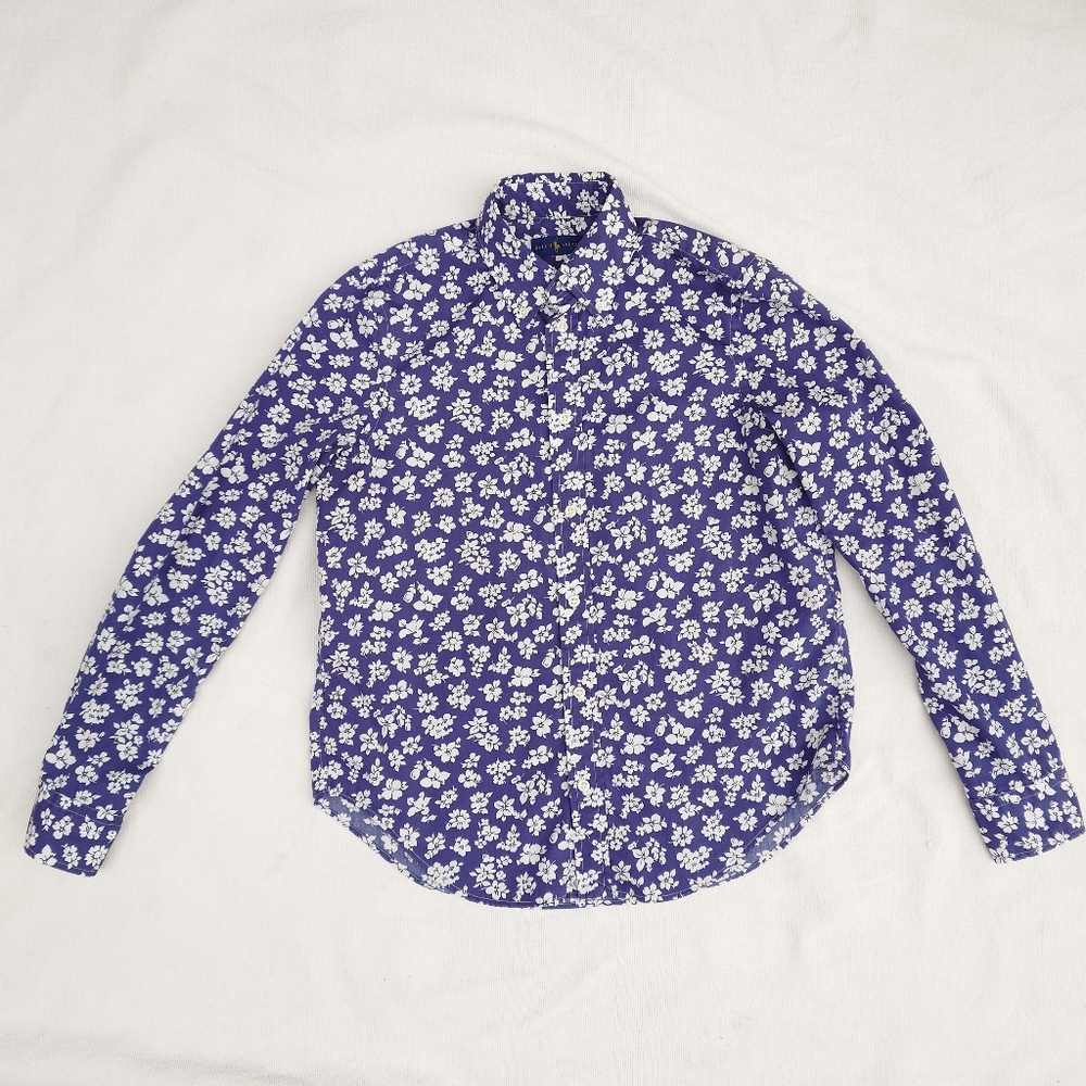 Ralph Lauren Blue and White Floral Blouse Long Sleeve Button Down Cotton Shirt